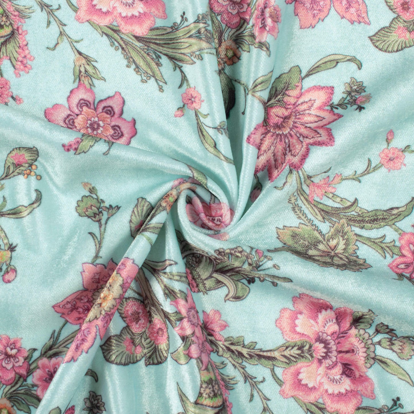 Iceberg Blue And Taffy Pink Floral Pattern Digital Print Velvet Fabric