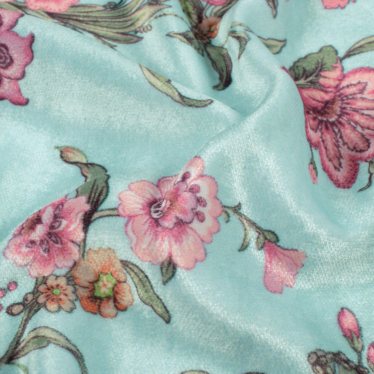 Iceberg Blue And Taffy Pink Floral Pattern Digital Print Velvet Fabric