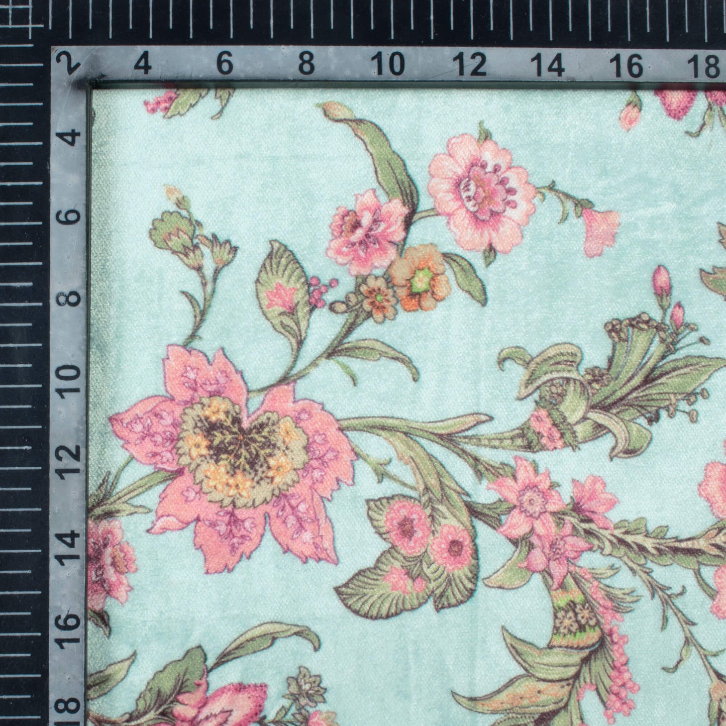 Iceberg Blue And Taffy Pink Floral Pattern Digital Print Velvet Fabric