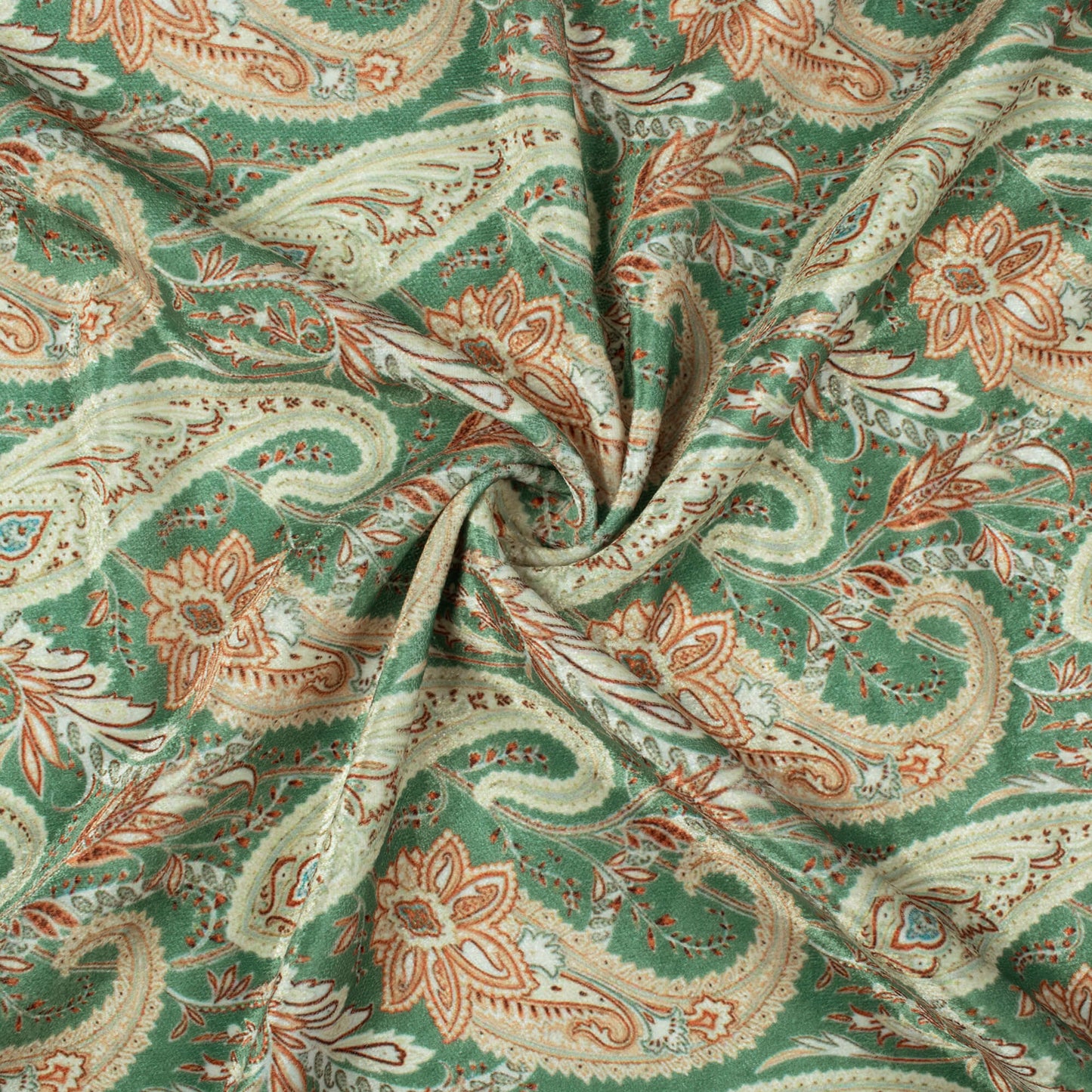 Mid Green And Orange Paisley Pattern Digital Print Premium Velvet Fabric