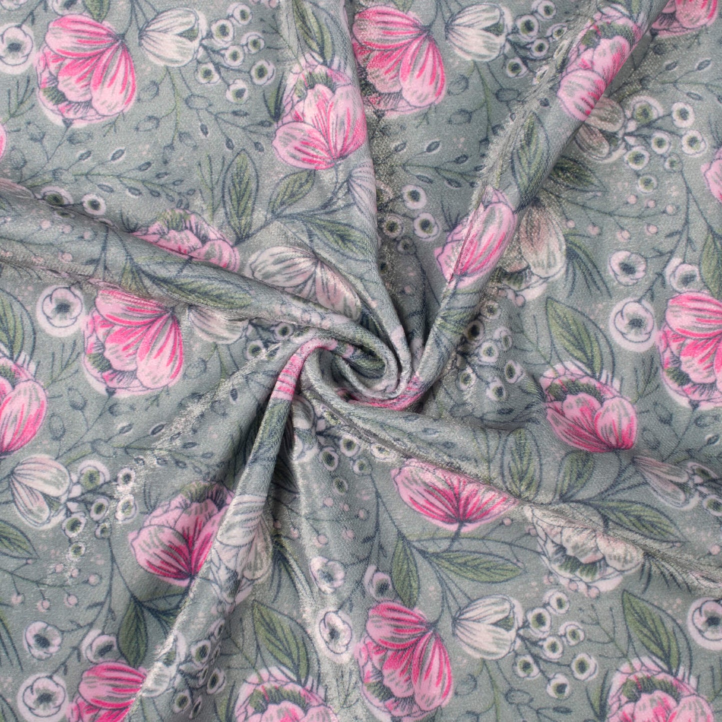 Slate Grey And Taffy Pink Floral Pattern Digital Print Premium Velvet Fabric