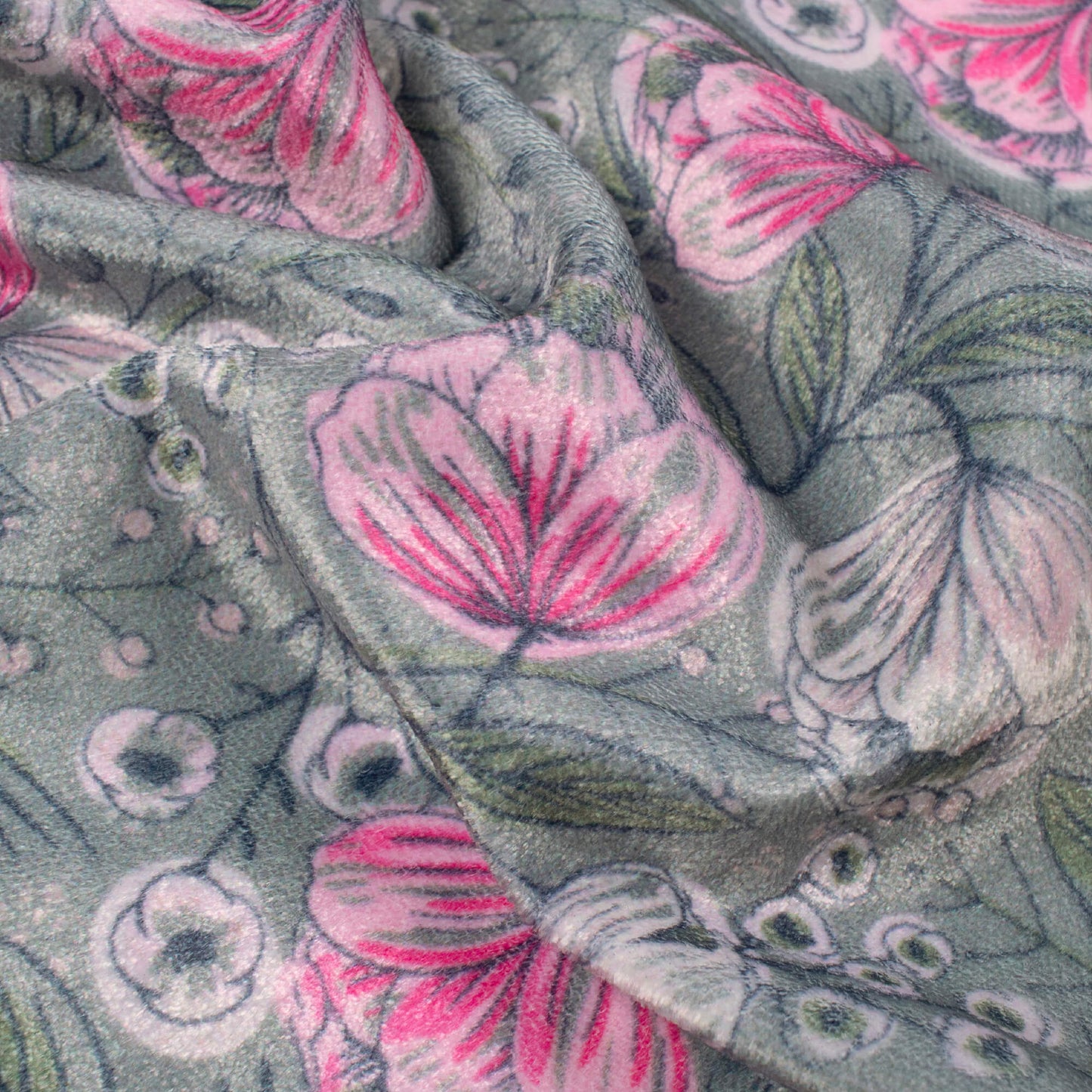 Slate Grey And Taffy Pink Floral Pattern Digital Print Premium Velvet Fabric