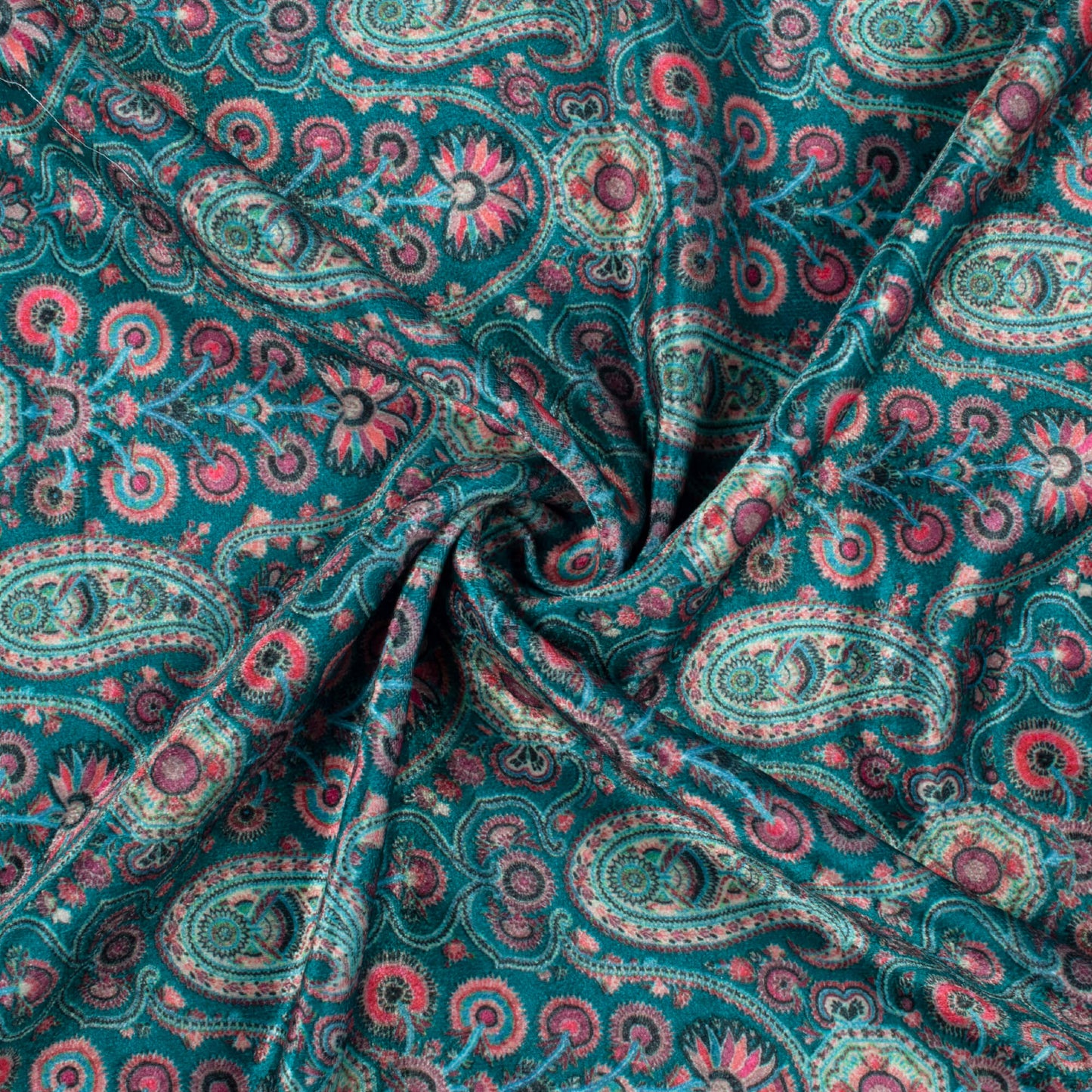 Dark Pine Green And Desire Red Paisley Pattern Digital Print Premium Velvet Fabric