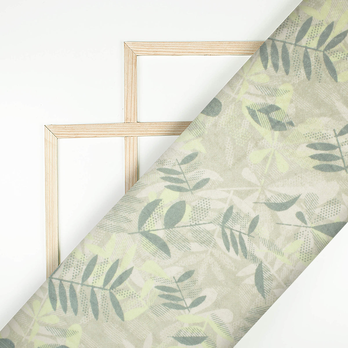 Oatmeal Beige And Lemon Yellow Leaf Pattern Digital Print Premium Velvet Fabric