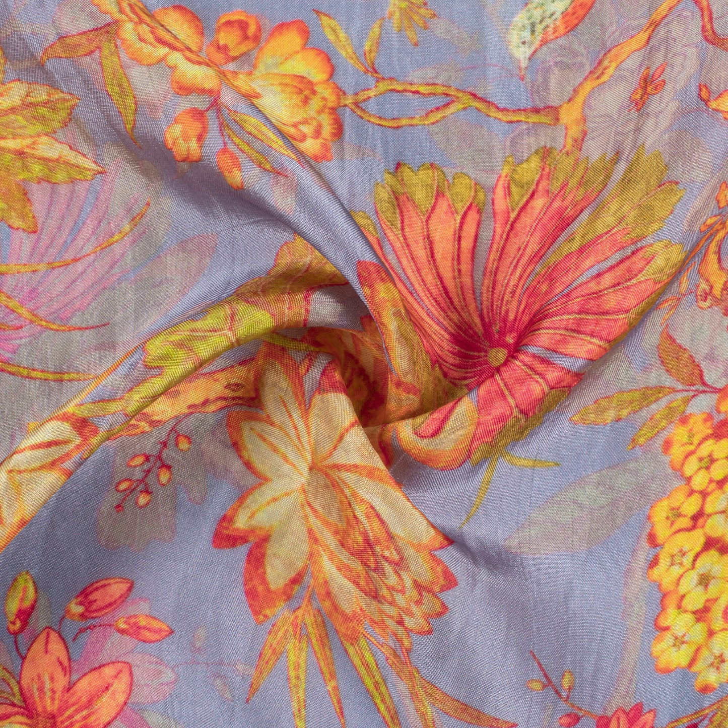 Heather Purple And Laguna Yellow Floral Pattern Digital Print Viscose Uppada Silk Fabric