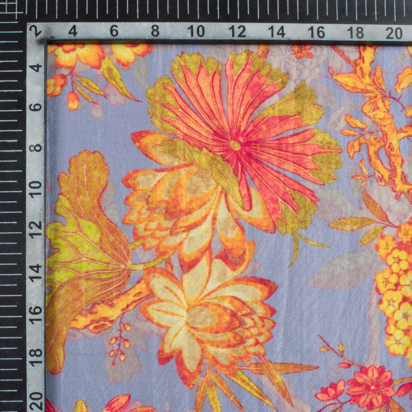 Heather Purple And Laguna Yellow Floral Pattern Digital Print Viscose Uppada Silk Fabric