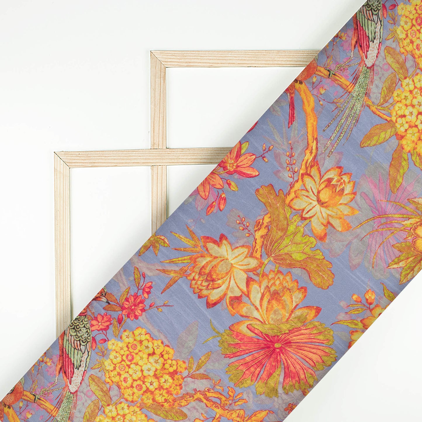 Heather Purple And Laguna Yellow Floral Pattern Digital Print Viscose Uppada Silk Fabric