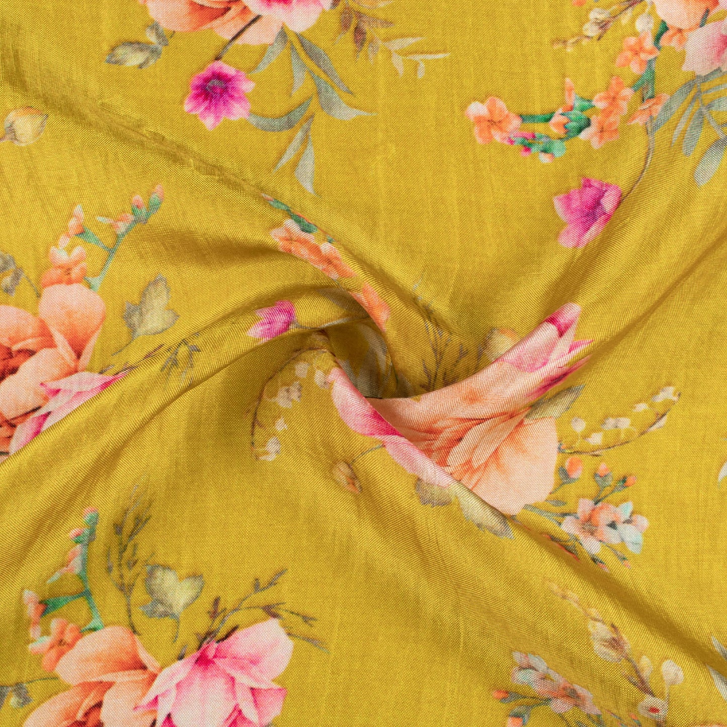 Ochre Yellow And Taffy Pink Floral Pattern Digital Print Viscose Uppada Silk Fabric