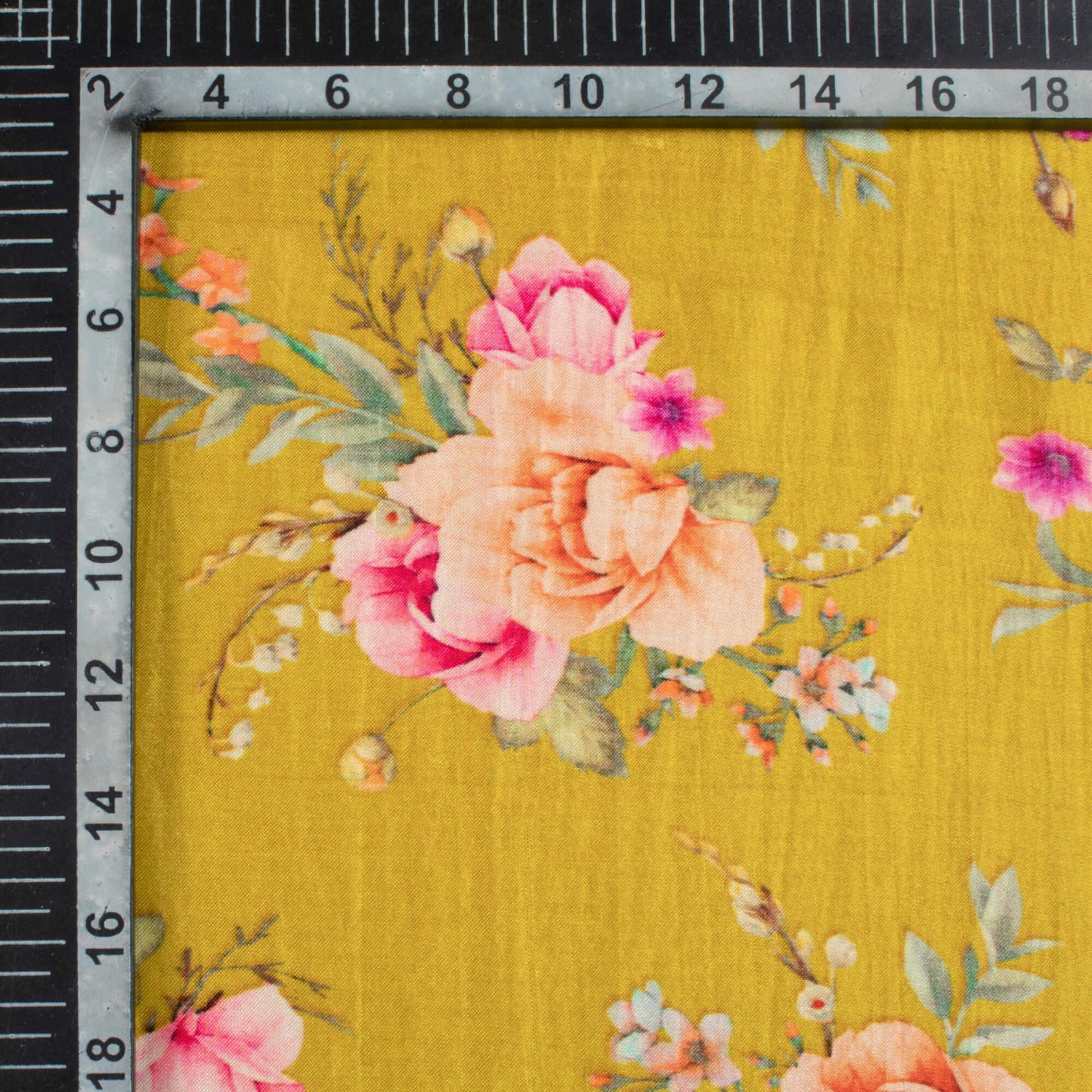 Ochre Yellow And Taffy Pink Floral Pattern Digital Print Viscose Uppada Silk Fabric