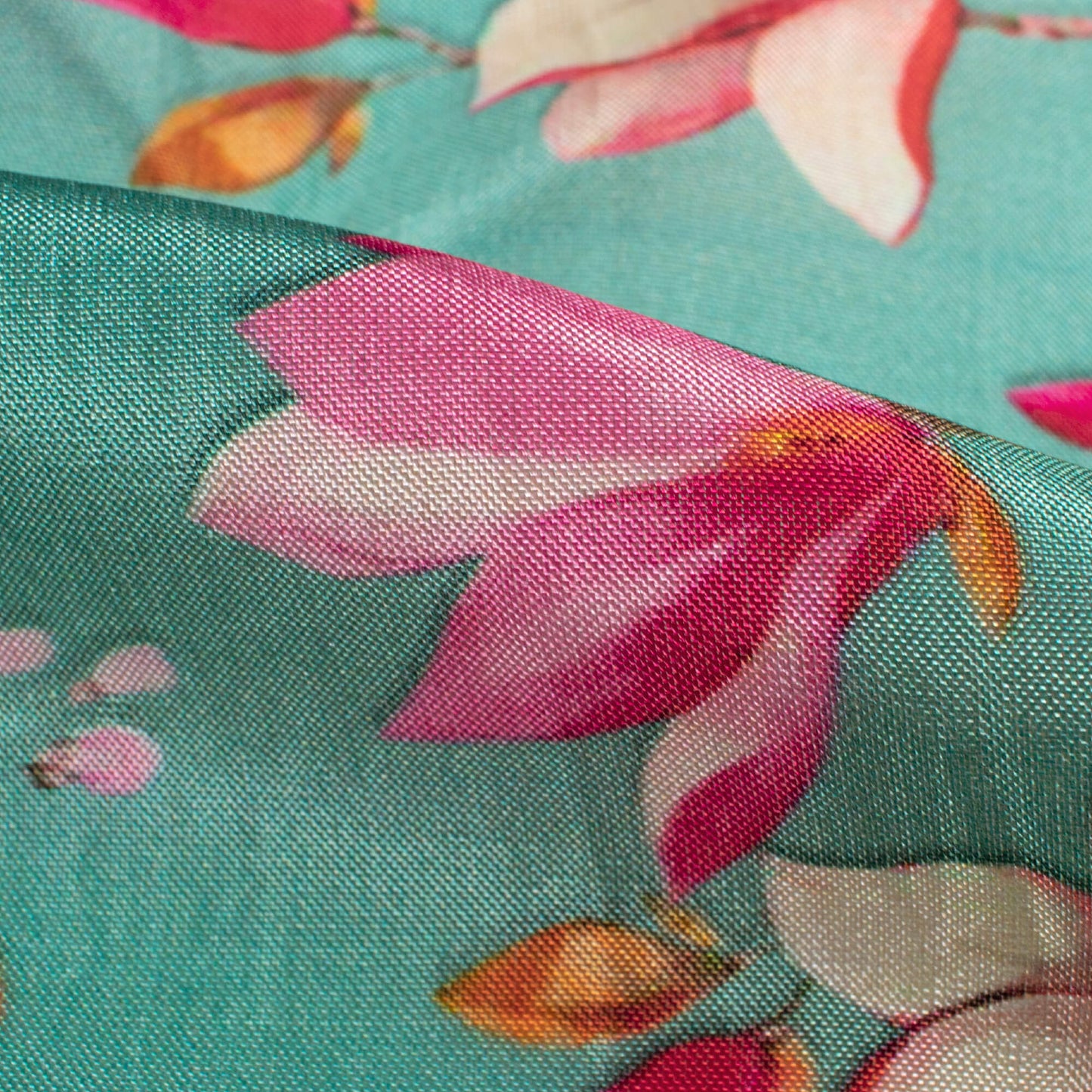 Aqua Blue And Magenta Pink Floral Pattern Digital Print Viscose Uppada Silk Fabric