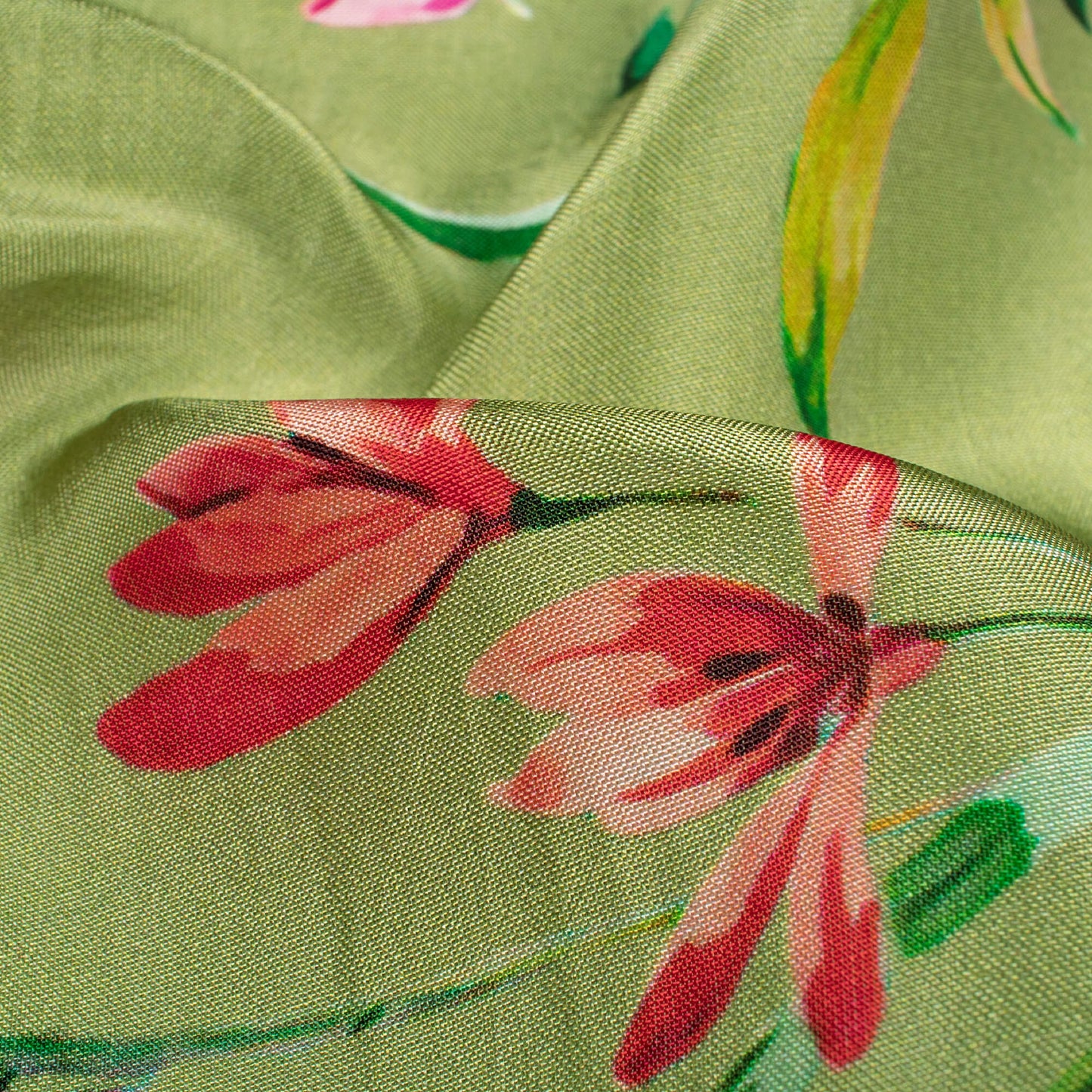 Moss Green And Taffy Pink Floral Pattern Digital Print Viscose Uppada Silk Fabric