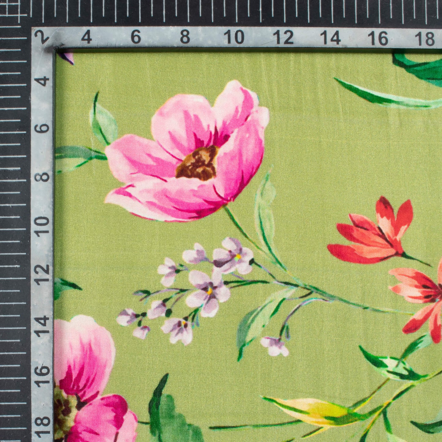 Moss Green And Taffy Pink Floral Pattern Digital Print Viscose Uppada Silk Fabric