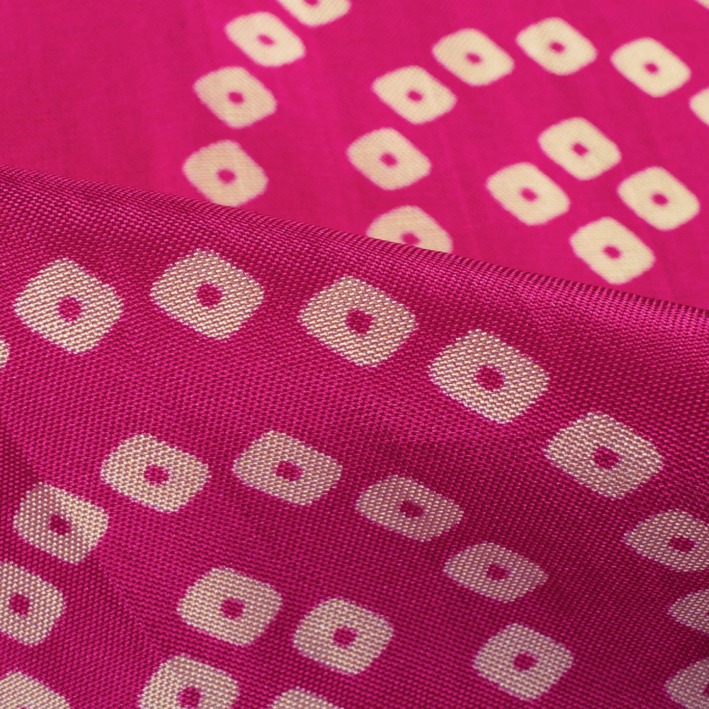 Magenta Pink And Cream Bandhanii Pattern Digital Print Viscose Uppada Silk Fabric