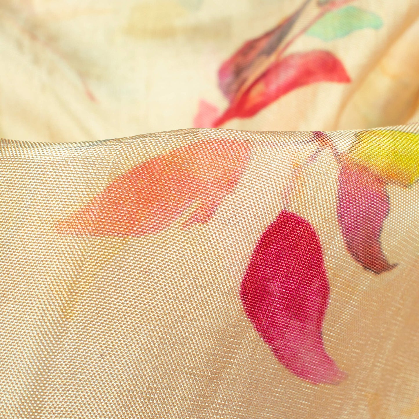 Pastel Yellow And Magenta Purple Leaf Pattern Digital Print Viscose Uppada Silk Fabric