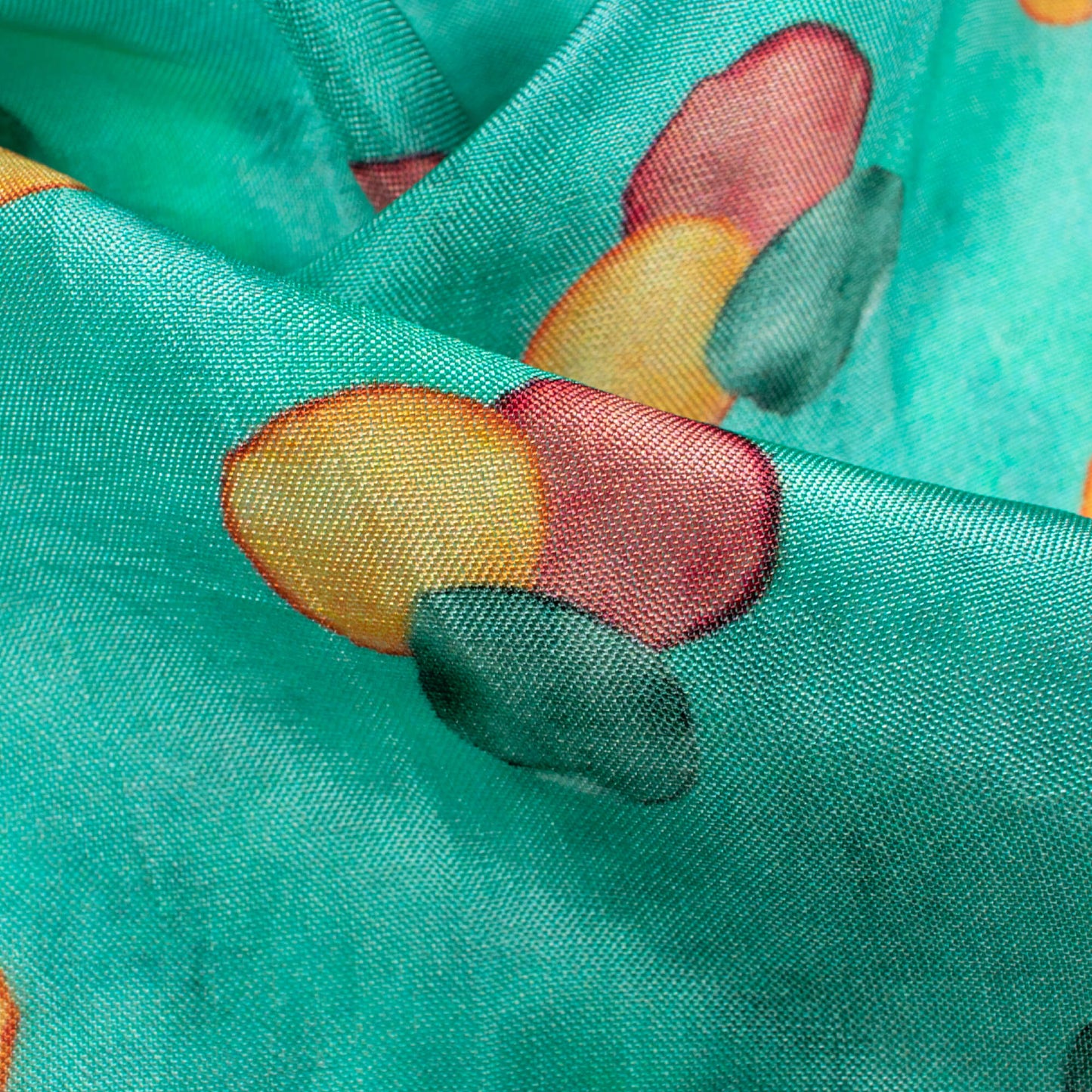 Aqua Blue And Orange Quirky Pattern Digital Print Viscose Uppada Silk Fabric
