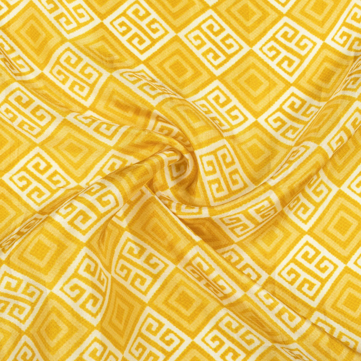 Ochre Yellow And Off White Traditional Pattern Digital Print Viscose Uppada Silk Fabric