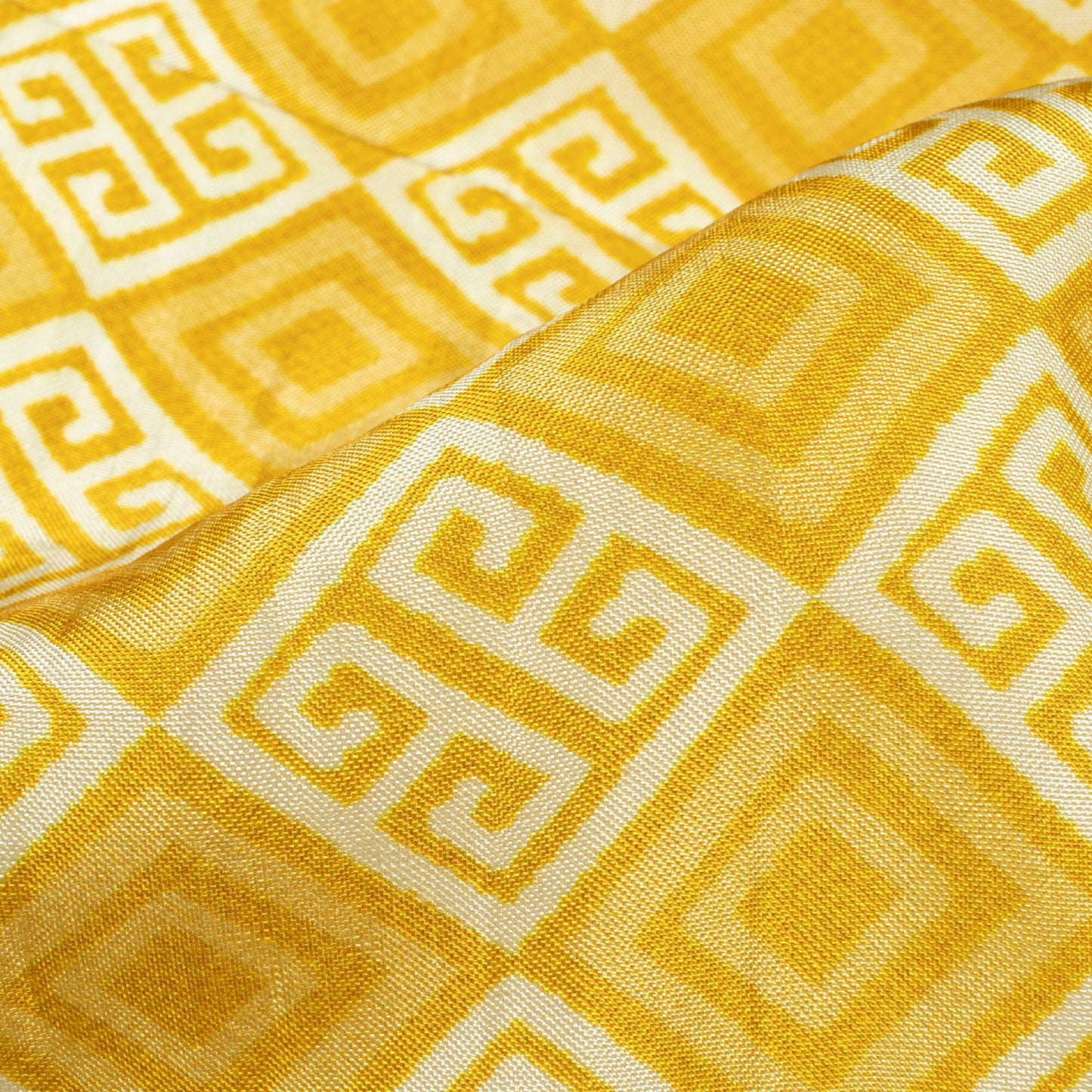 Ochre Yellow And Off White Traditional Pattern Digital Print Viscose Uppada Silk Fabric