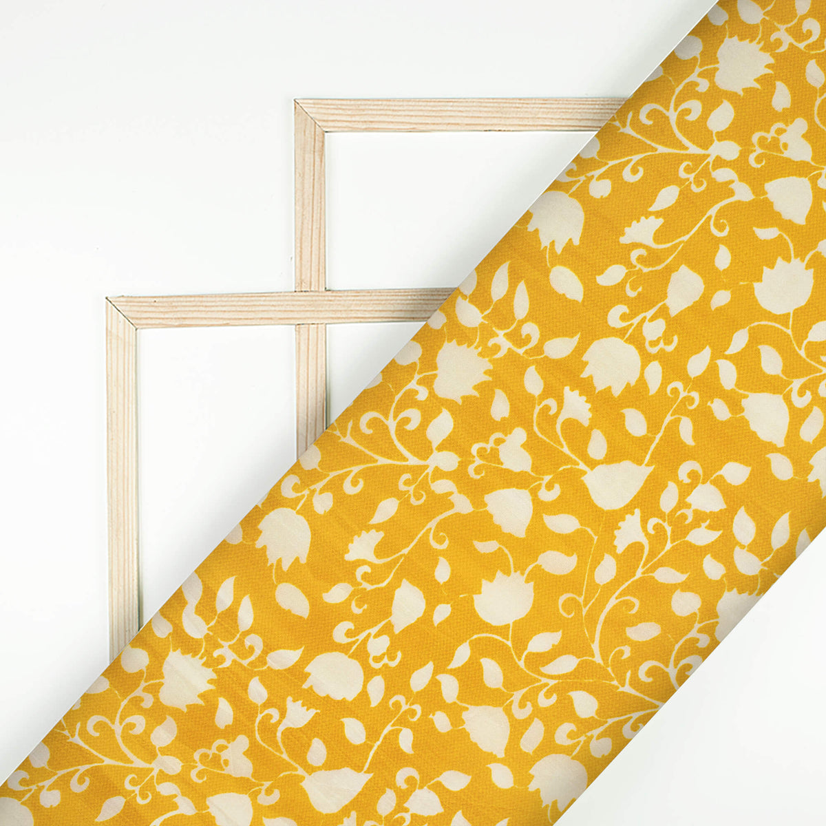 Ochre Yellow And Off White Leaf Pattern Digital Print Viscose Uppada Silk Fabric