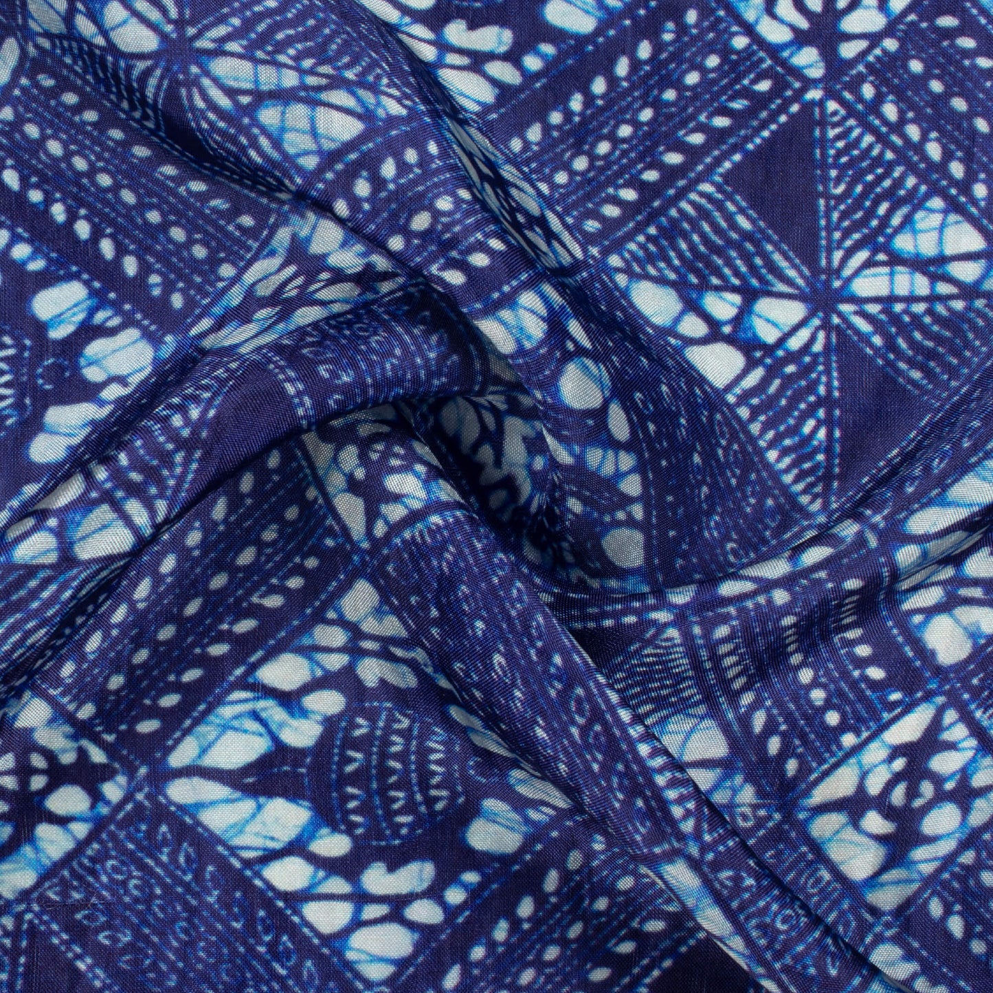 Space Blue And White Traditional Pattern Digital Print Viscose Uppada Silk Fabric