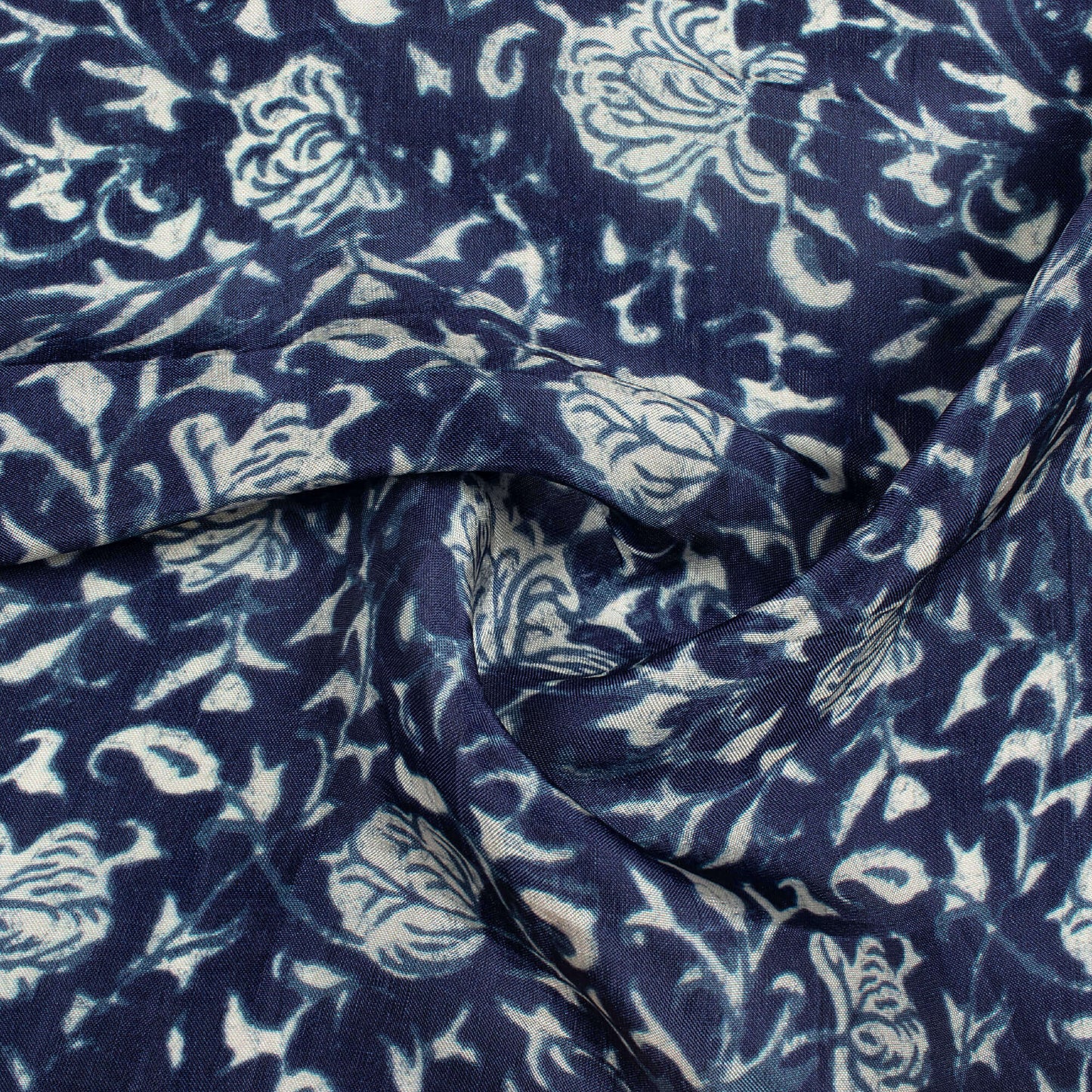 Navy Blue And Bright White Floral Pattern Digital Print Viscose Uppada Silk Fabric