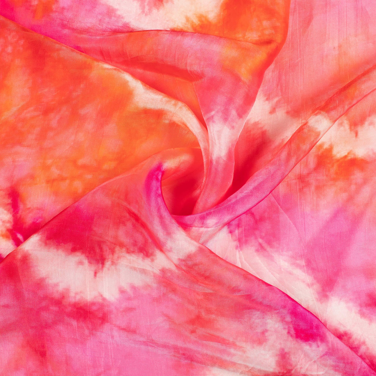 Taffy Pink And Vermilion Red Tie And Dye Pattern Digital Print Viscose Uppada Silk Fabric