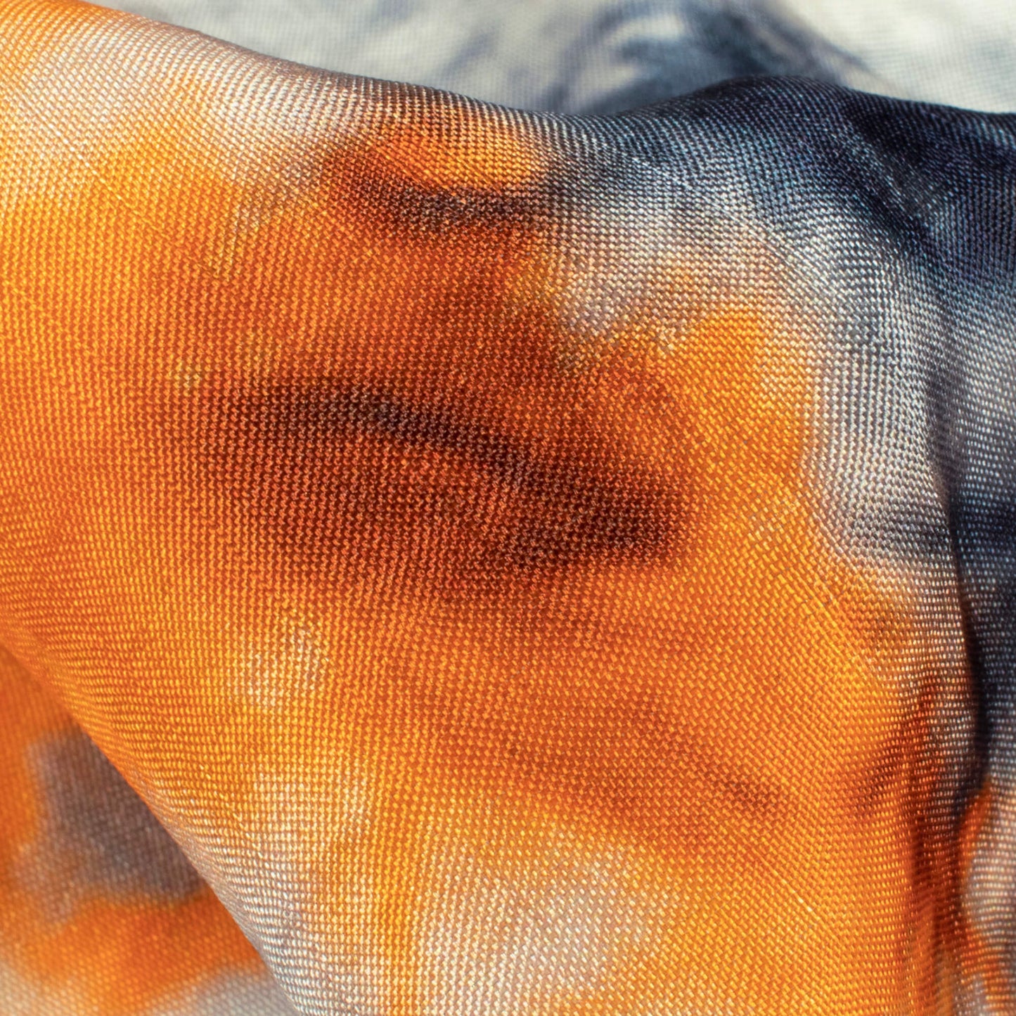 Ochre Orange And Off White Tye And Dye Pattern Digital Print Viscose Uppada Silk Fabric