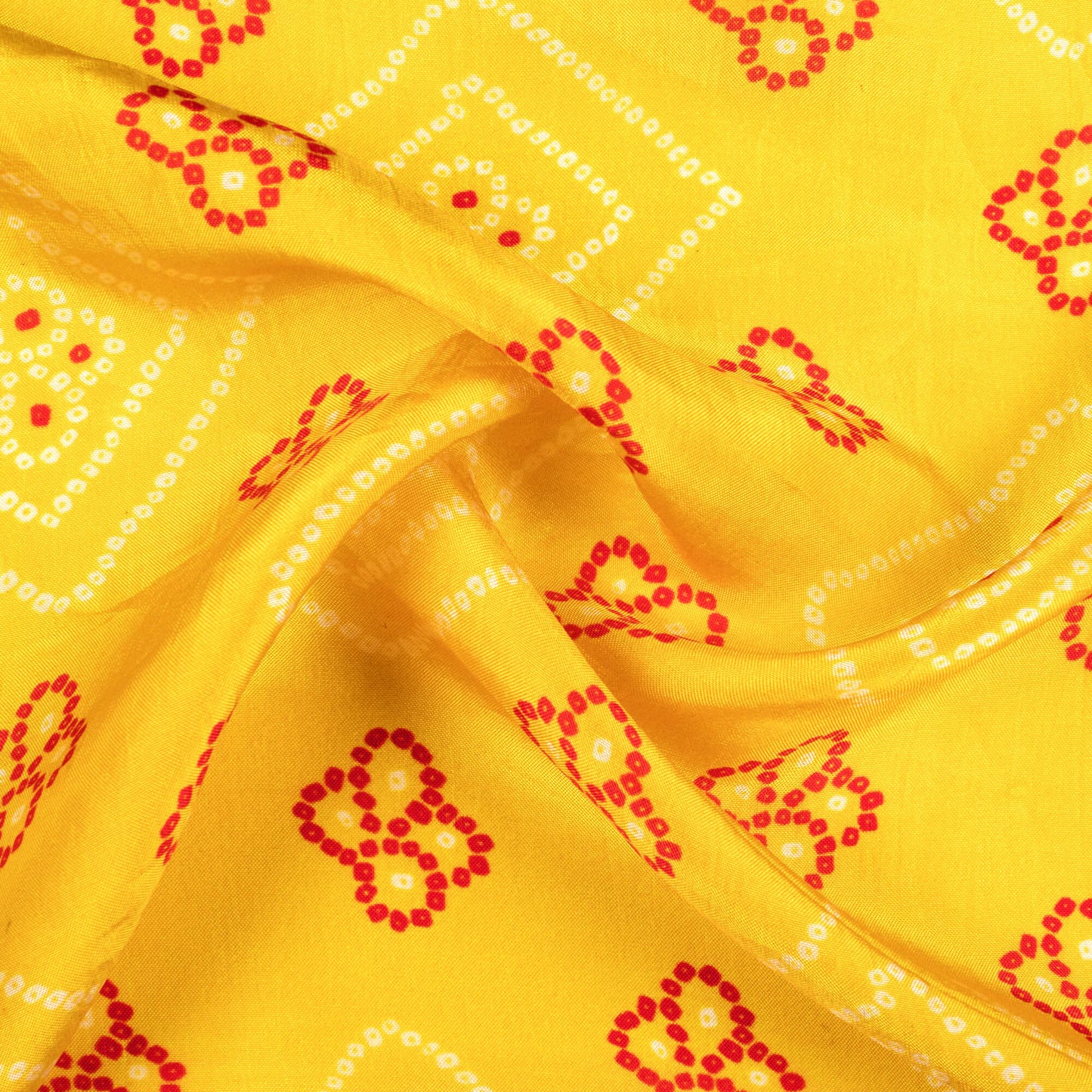 Medallion Yellow And Maroon Bandhanii Pattern Digital Print Viscose Uppada Silk Fabric
