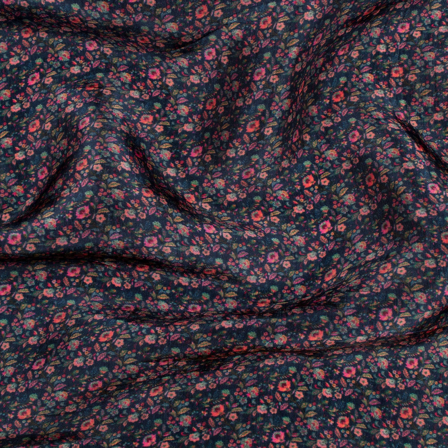 Dark Prussian Blue And Peach Floral Pattern Digital Print Viscose Uppada Silk Fabric