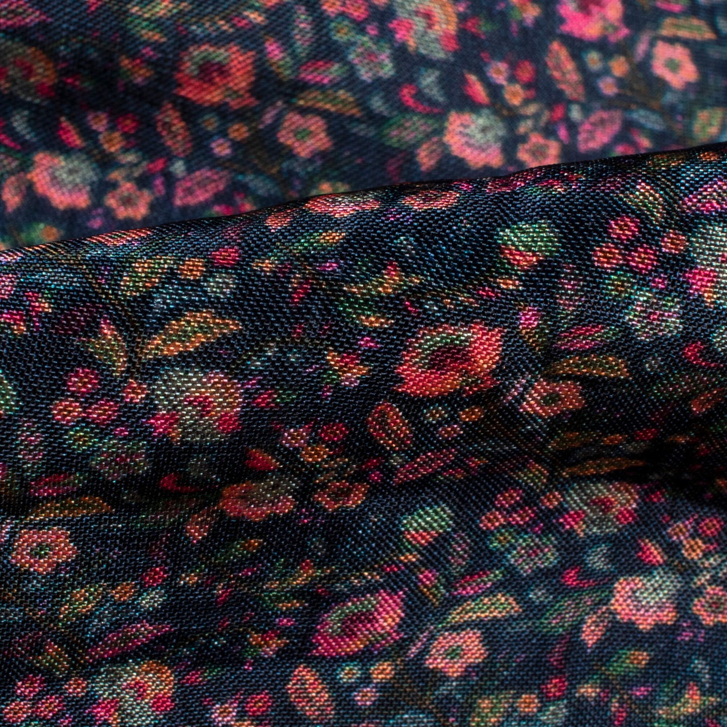 Dark Prussian Blue And Peach Floral Pattern Digital Print Viscose Uppada Silk Fabric