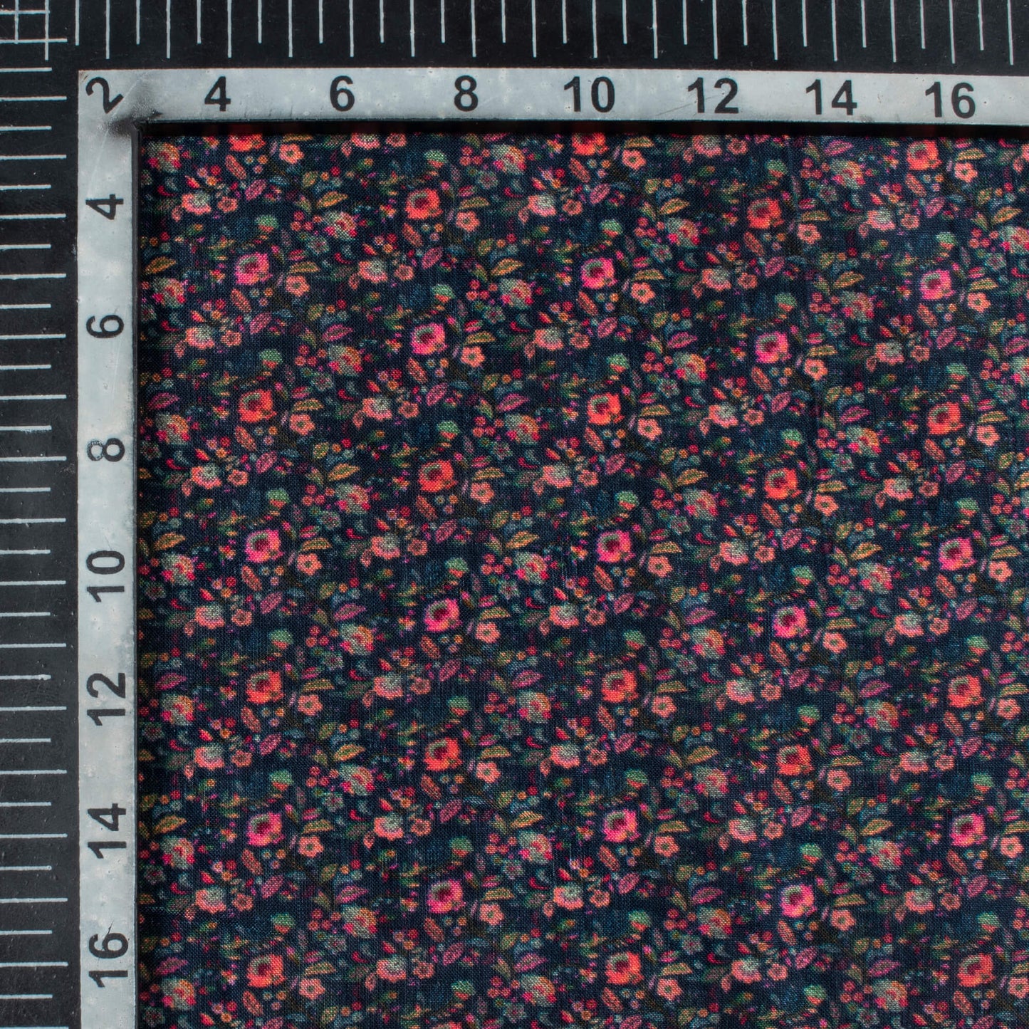 Dark Prussian Blue And Peach Floral Pattern Digital Print Viscose Uppada Silk Fabric
