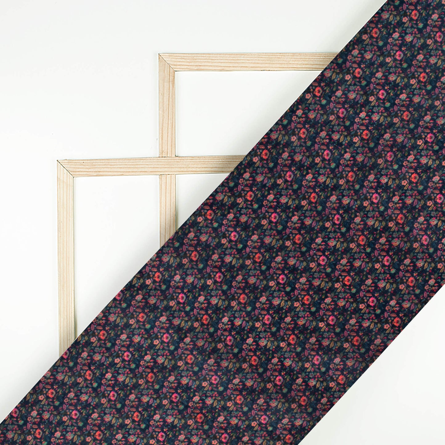 Dark Prussian Blue And Peach Floral Pattern Digital Print Viscose Uppada Silk Fabric