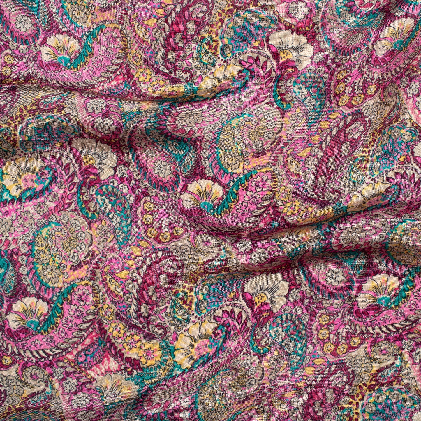 Taffy Pink And Pine Green Paisley Pattern Digital Print Viscose Uppada Silk Fabric