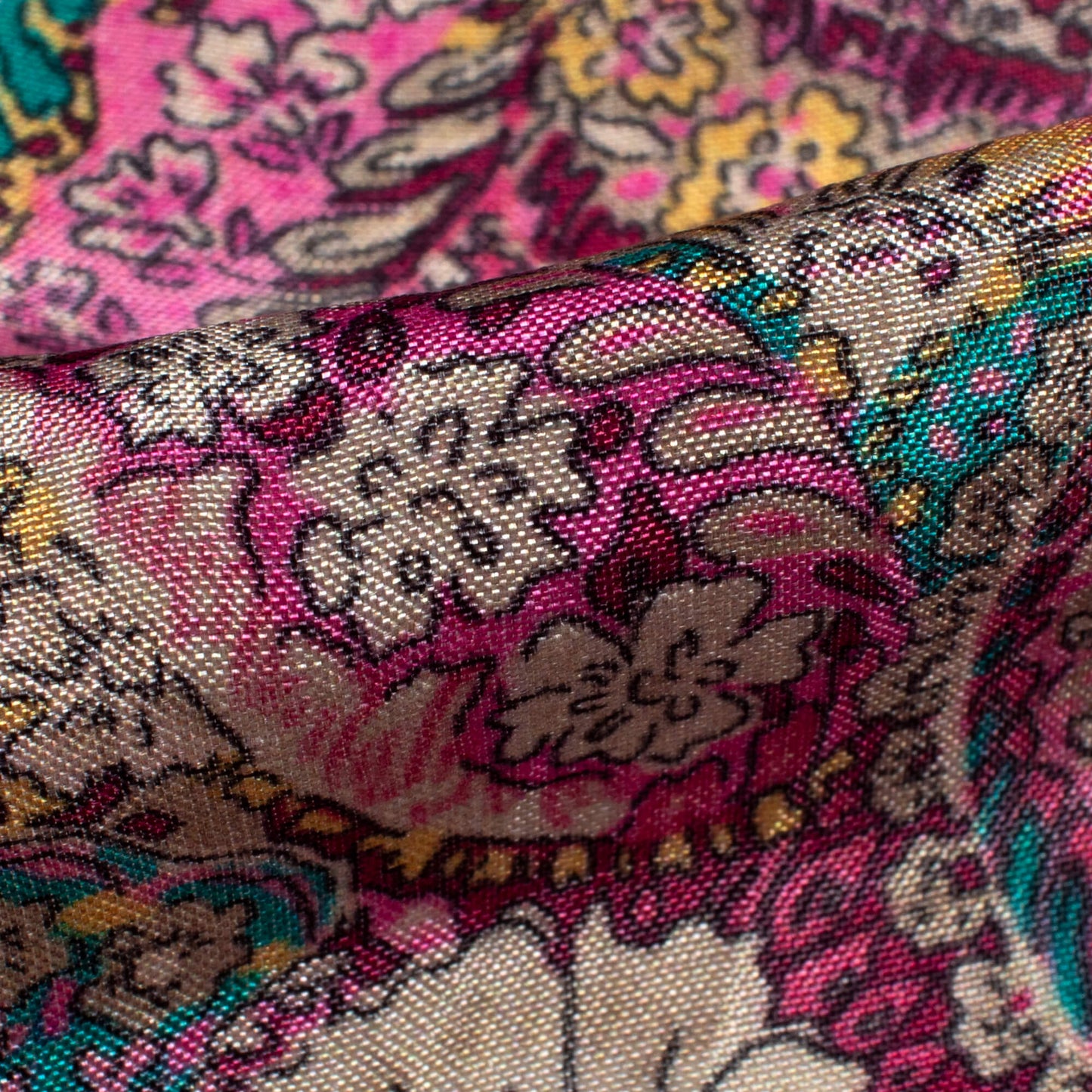 Taffy Pink And Pine Green Paisley Pattern Digital Print Viscose Uppada Silk Fabric