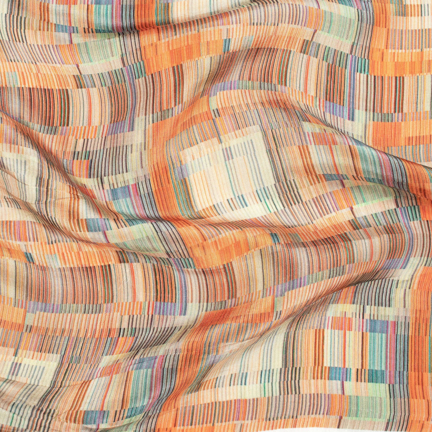 Blaze Orange And Tea Green Geometric Pattern Digital Print Viscose Uppada Silk Fabric