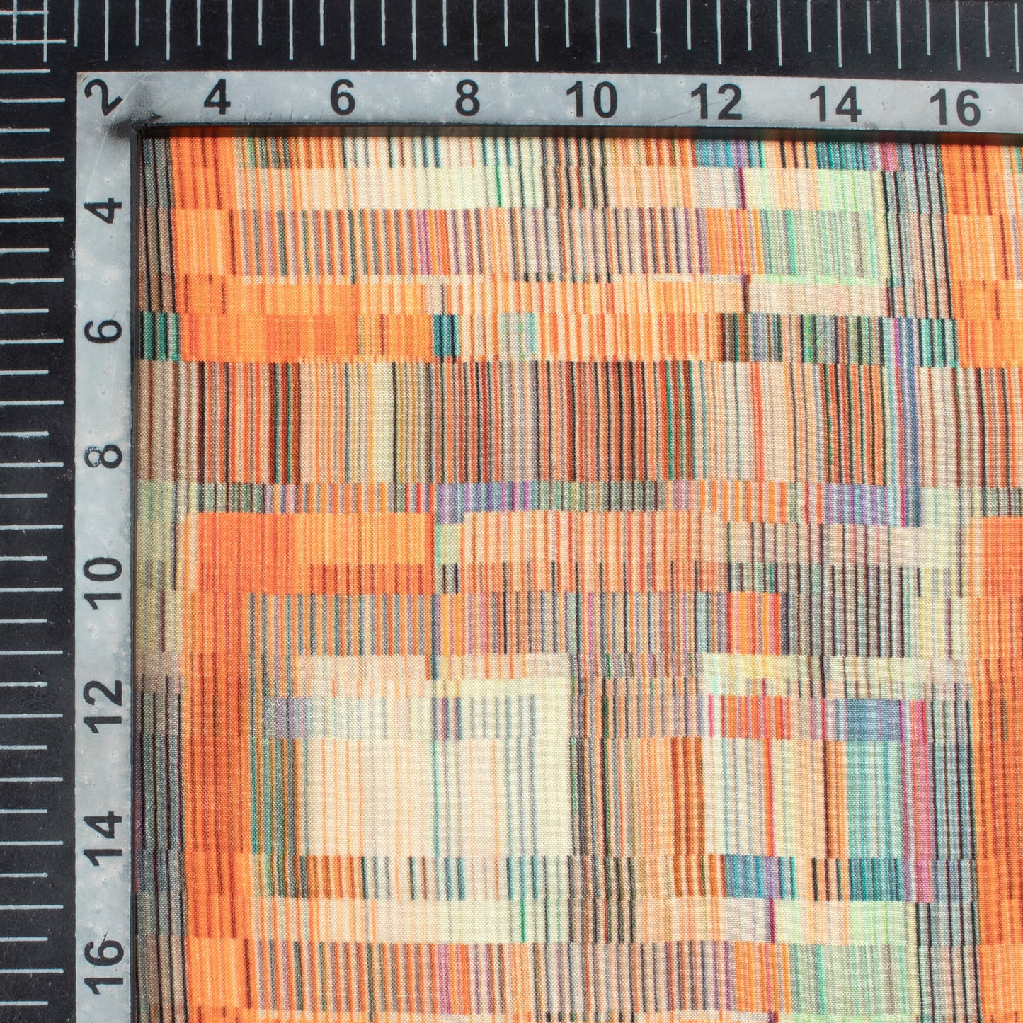 Blaze Orange And Tea Green Geometric Pattern Digital Print Viscose Uppada Silk Fabric