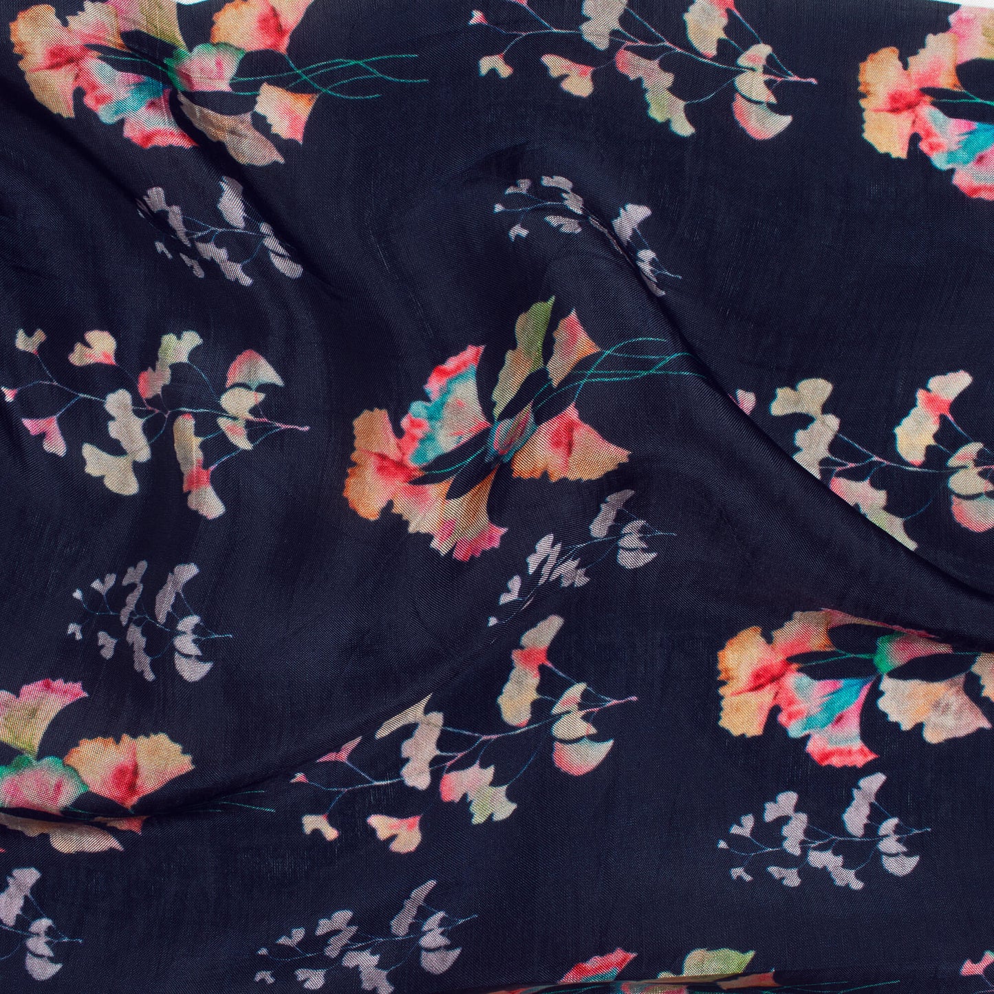 Navy Blue  And Pink Leaf Pattern Digital Print Viscose Uppada Silk Fabric