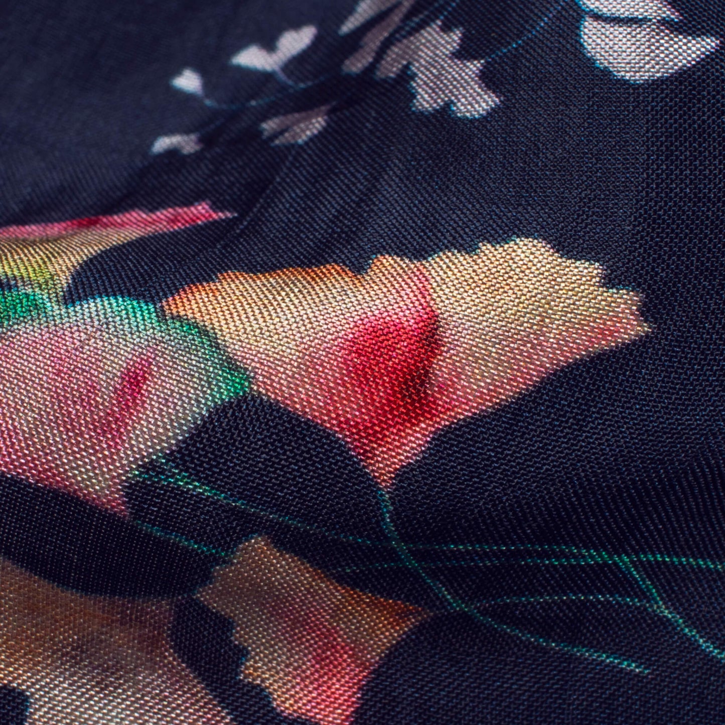 Navy Blue And Pink Leaf Pattern Digital Print Viscose Uppada Silk Fabric