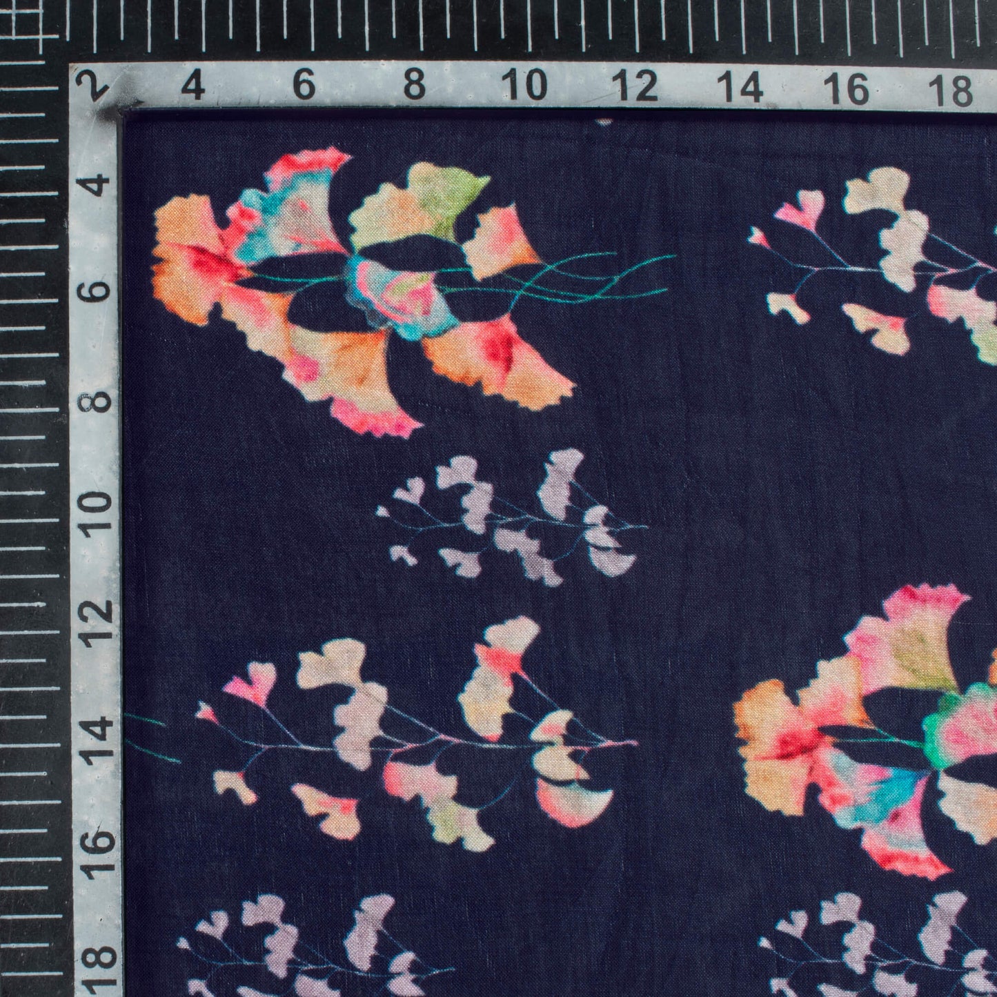 Navy Blue And Pink Leaf Pattern Digital Print Viscose Uppada Silk Fabric