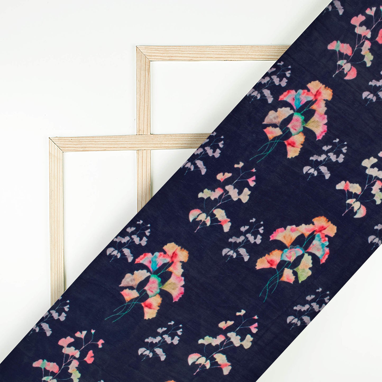 Navy Blue And Pink Leaf Pattern Digital Print Viscose Uppada Silk Fabric