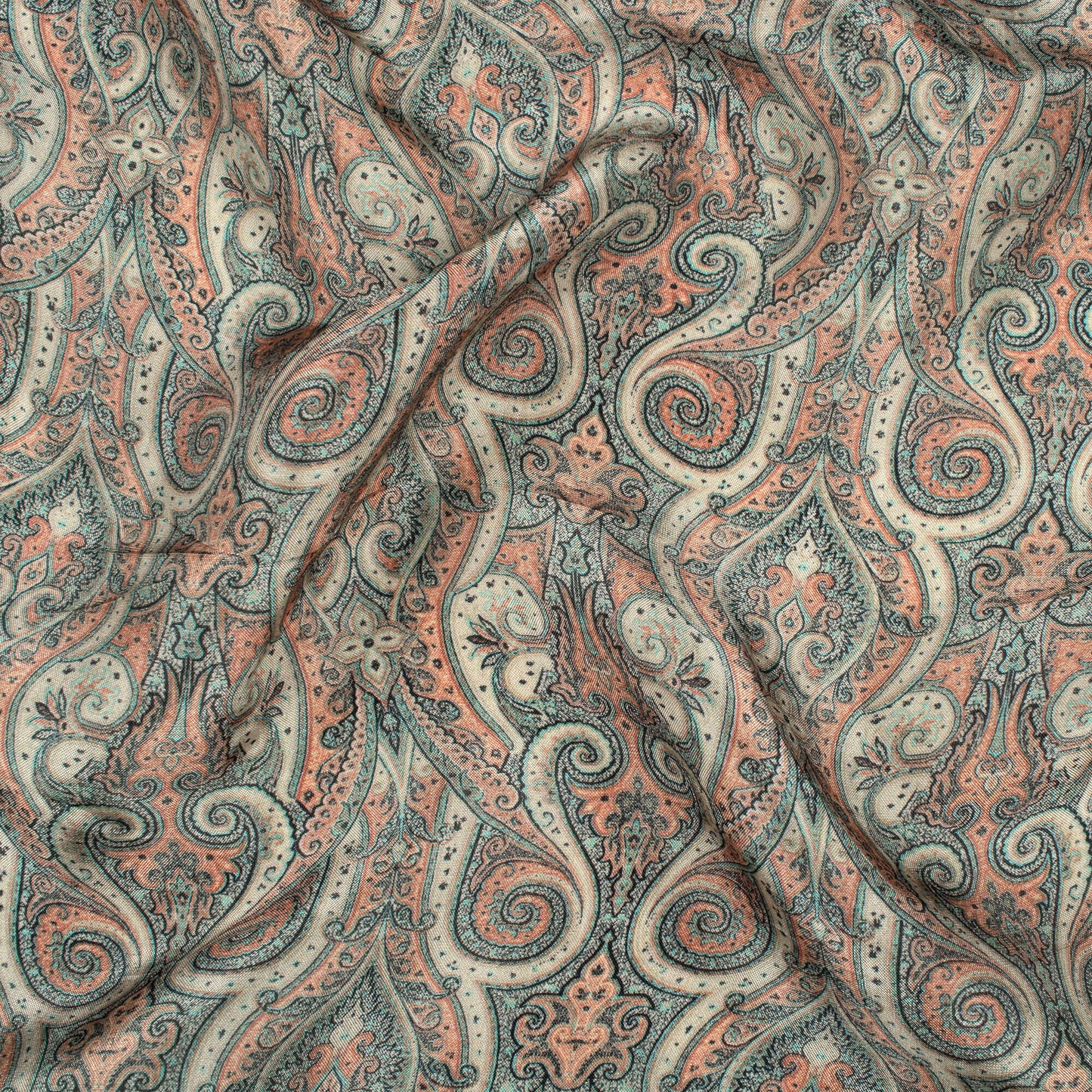 Sage Green And Orange Ethnic Pattern Digital Print Viscose Uppada Silk Fabric