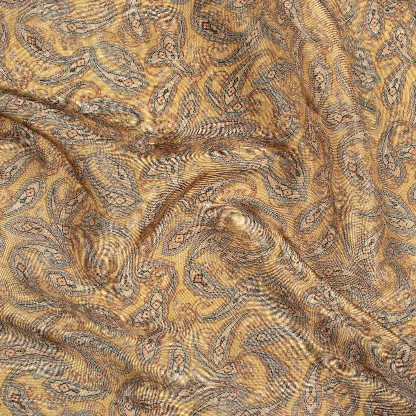Ochre Yellow And Seal Grey Paisley Pattern Digital Print Viscose Uppada Silk Fabric