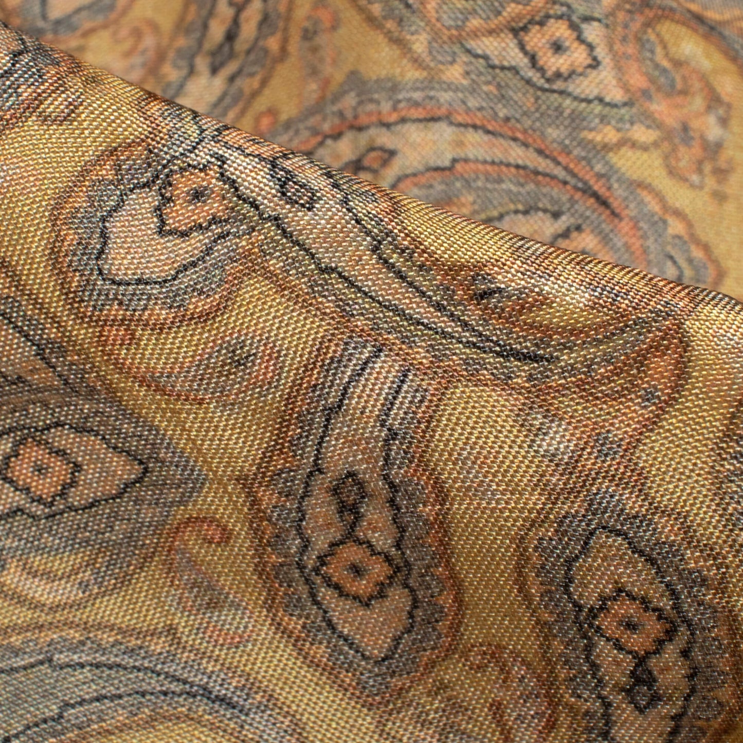 Ochre Yellow And Seal Grey Paisley Pattern Digital Print Viscose Uppada Silk Fabric