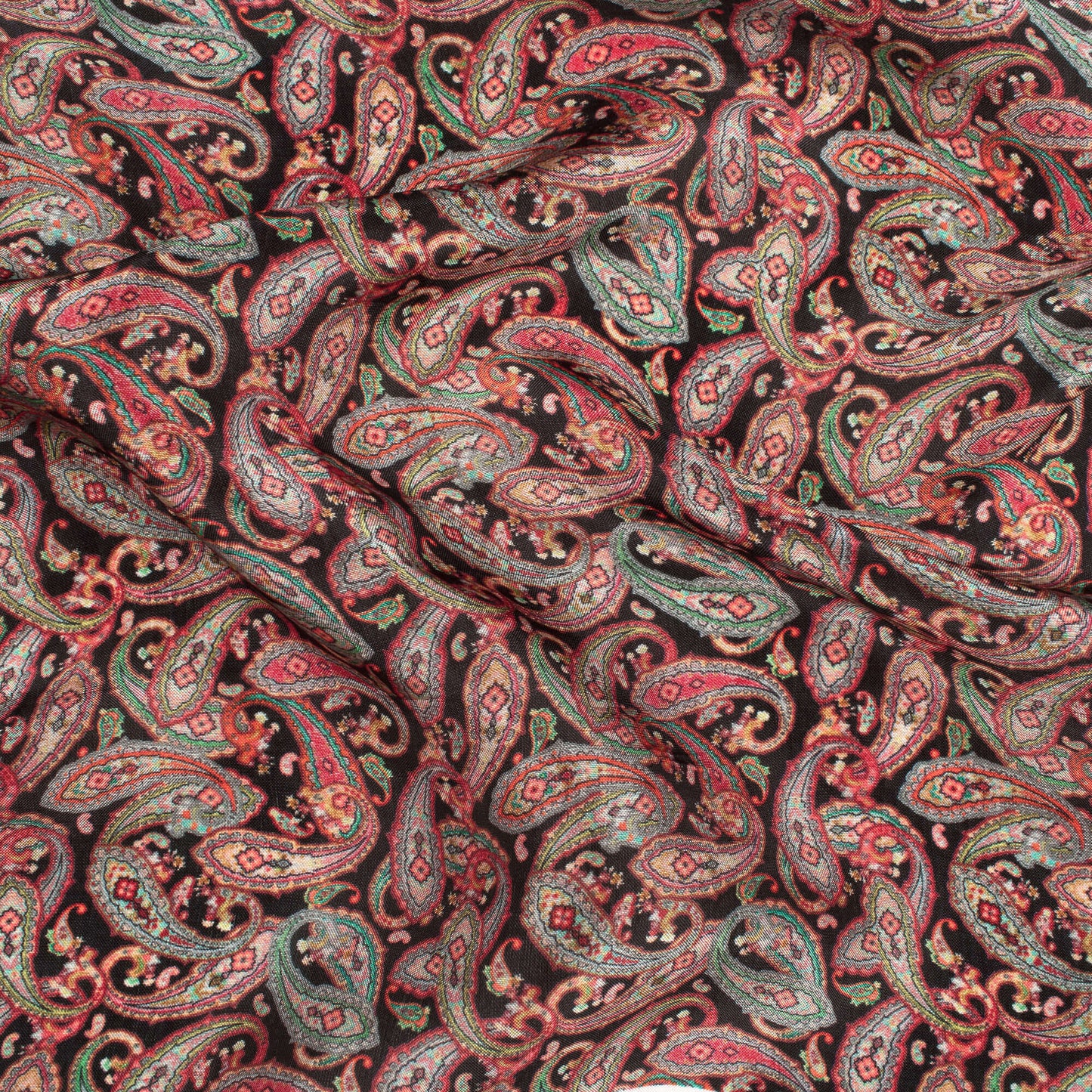 Black And Dark Pink Paisley Pattern Digital Print Viscose Uppada Silk Fabric