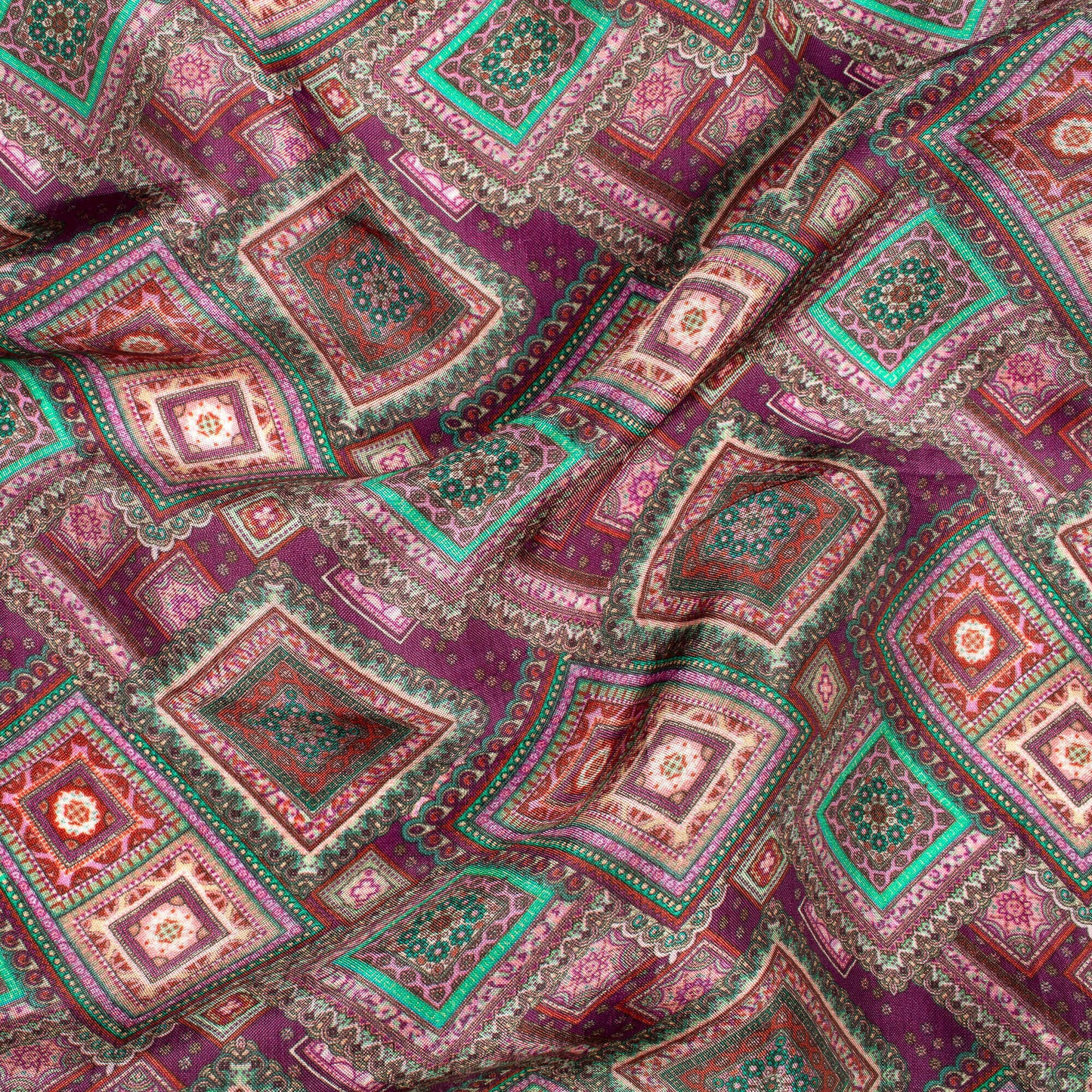 Raisin Purple And Turquoise Blue Traditional Pattern Digital Print Viscose Uppada Silk Fabric