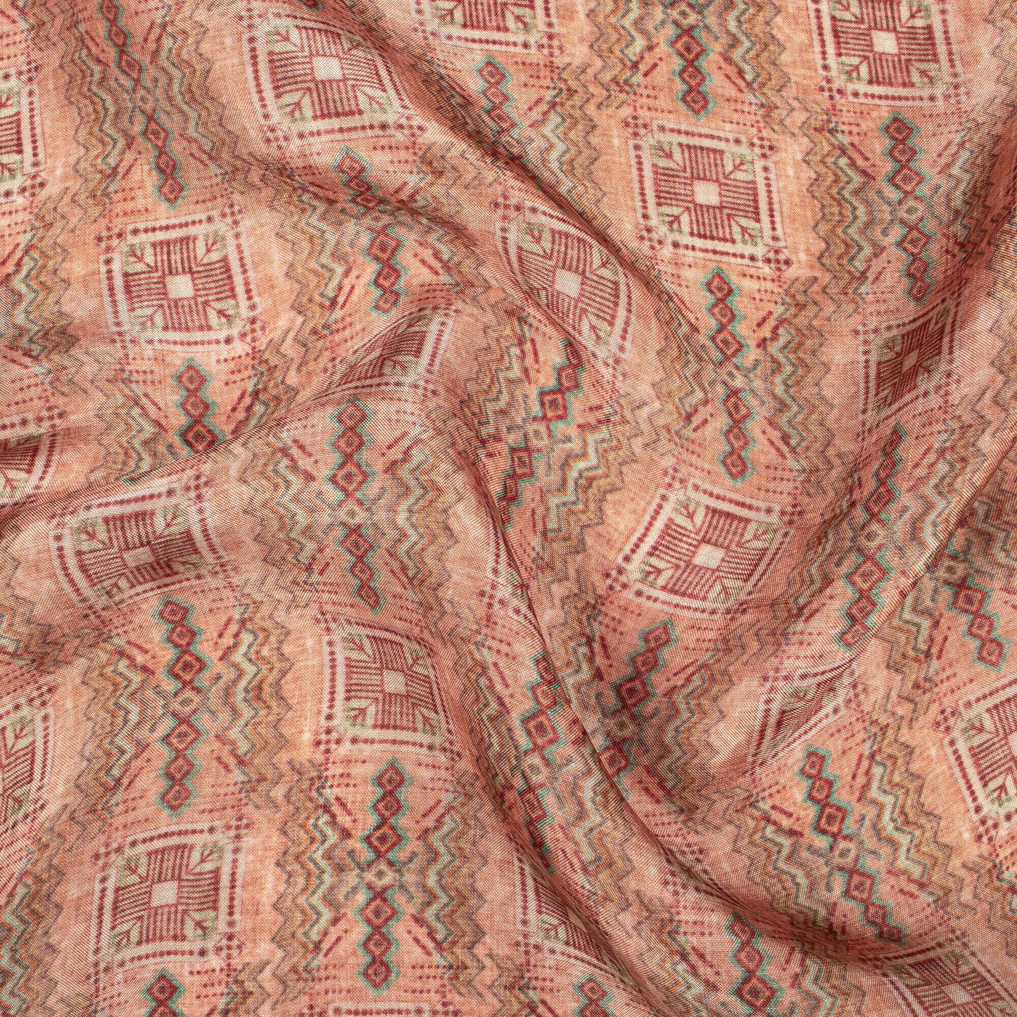 Coral Peach And Maroon Traditional Pattern Digital Print Viscose Uppada Silk Fabric