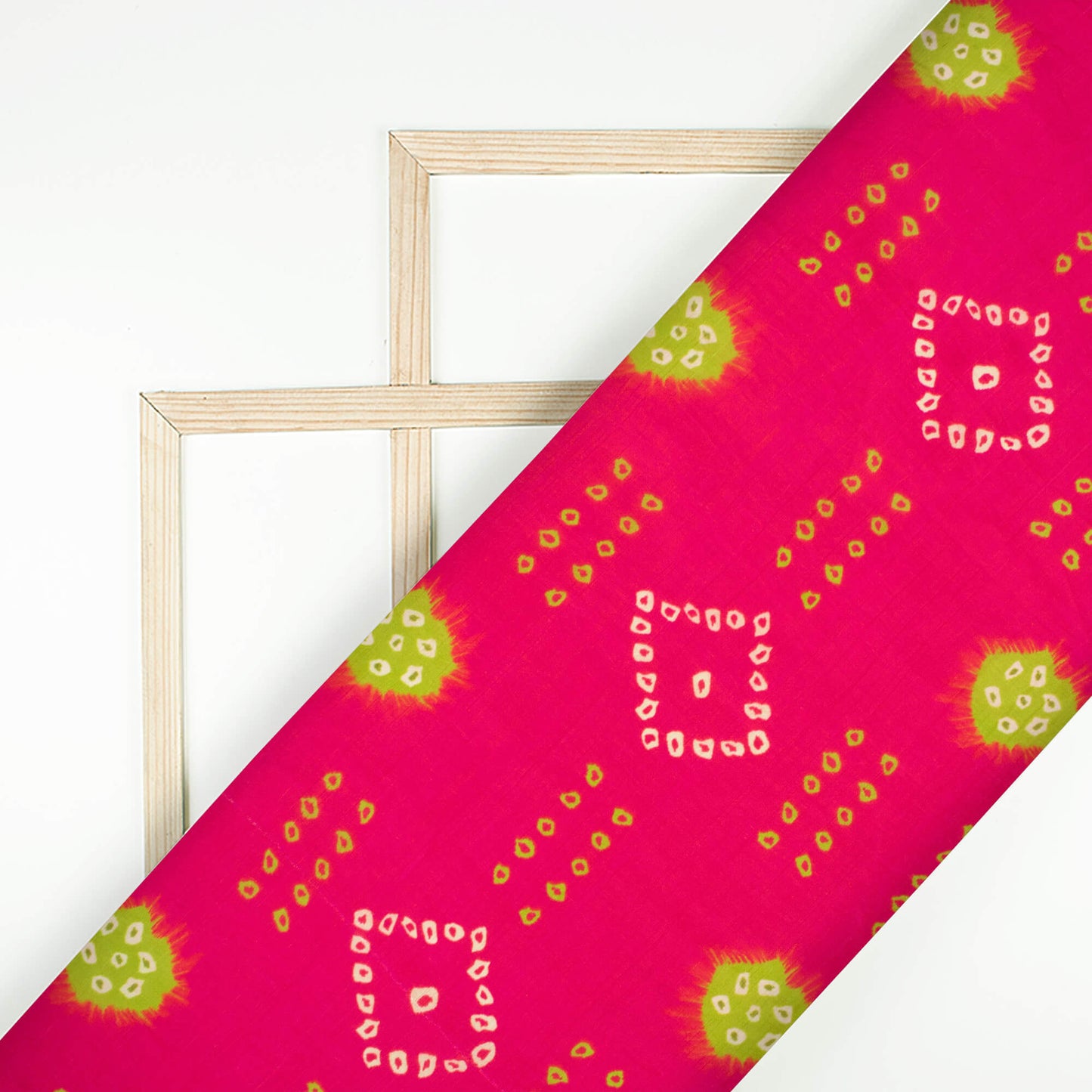 Magenta Pink And Lime Green Bandhanii Pattern Digital Print Viscose Uppada Silk Fabric