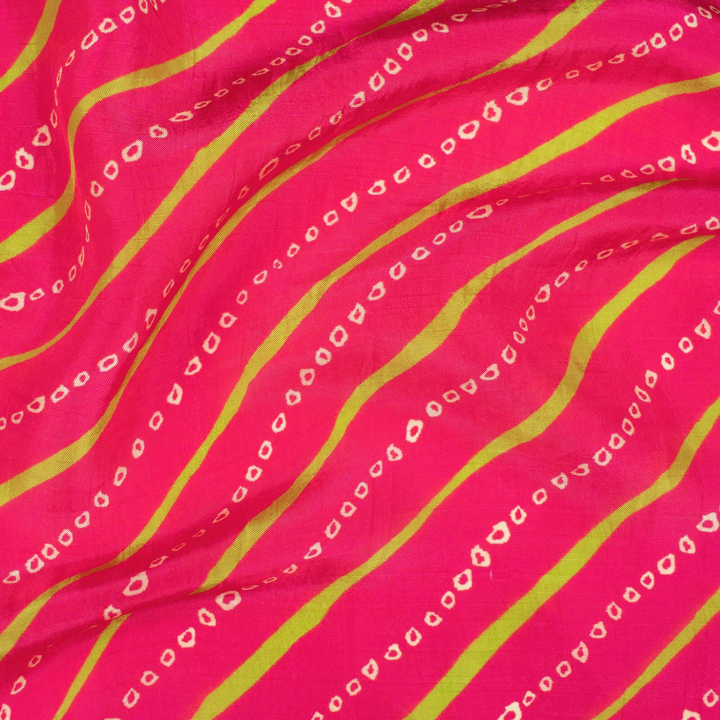 Magenta Pink And Lime Green Bandhanii Pattern Digital Print Viscose Uppada Silk Fabric