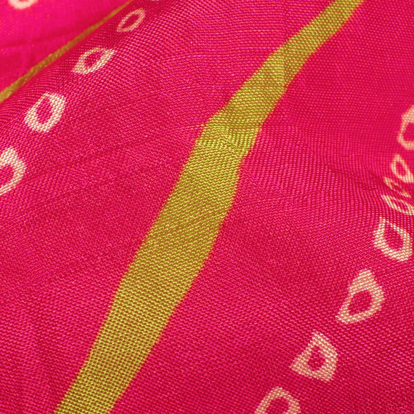 Magenta Pink And Lime Green Bandhanii Pattern Digital Print Viscose Uppada Silk Fabric