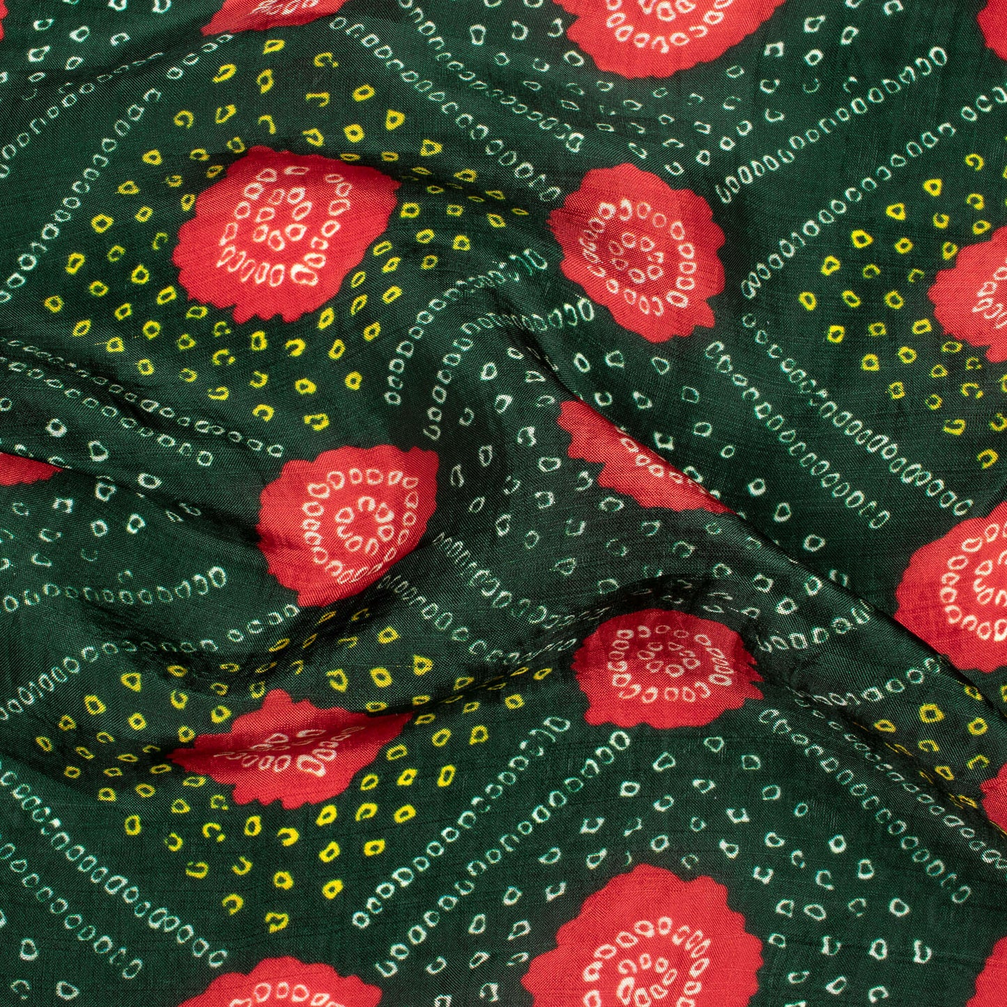 Forest Green And Barn Red Bandhanii Pattern Digital Print Viscose Uppada Silk Fabric