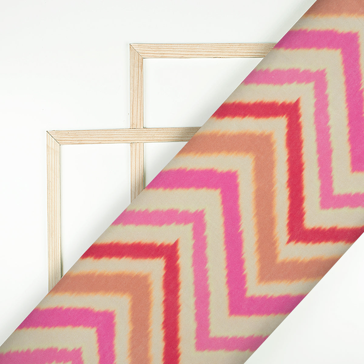 Cream And Hot Pink Chevron Pattern Digital Print Viscose Chanderi Fabric
